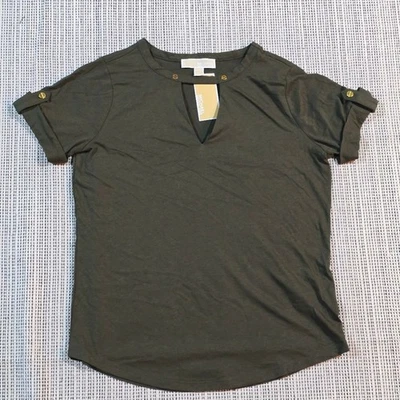 Blusa feminina nova com etiquetas Michael Kors verde oliva mistura de algodão buraco na fechadura manga curta P - Imagem 1 de 4