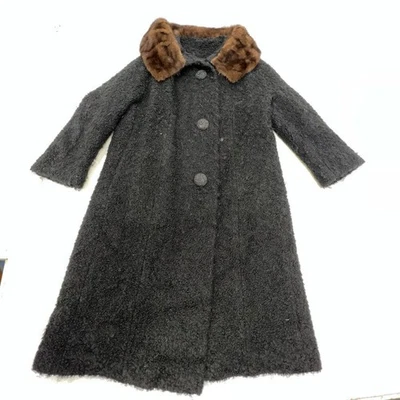 Vintage 60s The Nebraska Black Boucle Wool Mink Fur Collar Swing Coat Womens - Image 1 of 4
