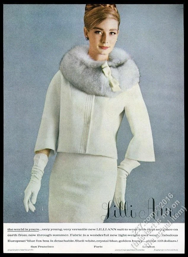 1963 Lilli Ann女式白色西装彩色照片时尚复古印花广告 — 第 1/1 张图片