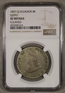 1857 GJ Ecuador Quito Plata 4 Reales NGC XF Detalles Limpios - Imagen 1 de 4