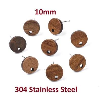 10 peças 304 brincos de aço inoxidável postes tachas – 10mm - madeira marrom - círculo - Imagem 1 de 3