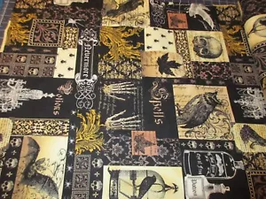 1 Yard Neu Baumwollstoff Halloween Herbst Schwarz Dunkel Nevermore Collage - Bild 1 von 8