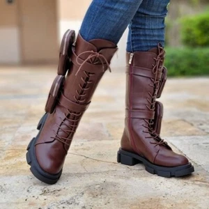 Women's Wine Lace up High Combat Boots Lug Sole - Picture 1 of 5