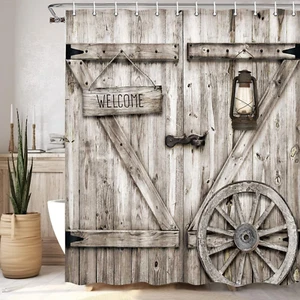 Rustic Barn Door Shower Curtain, 70X70In, Waterproof, 12 Pack Hooks, Multi1, Pol - Picture 1 of 7