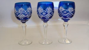 3 copas de copa de vino con tallos azul cobalto bohemio corte a cristal transparente 7,5" - Imagen 1 de 5
