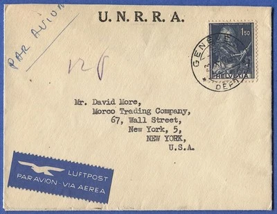 SUIZA 1947 Correo Aéreo UNRRA Cubierta, Ginebra a Nueva York, 1.50F Franqueo Solo Foto 1 de 2