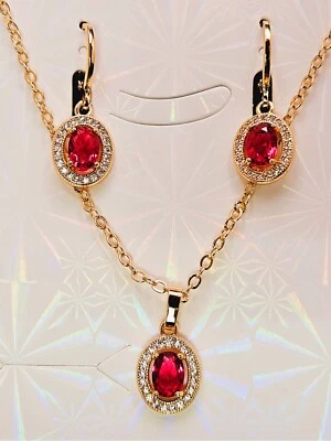 Necklace and Earring set 3 piece 18K Gold with Red and White Cubic Zirconias - Image 1 of 4