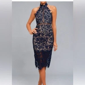Vestido de Fiesta Halter Lulu's Azul Marino Encaje Forrado de Desnudo Nuevo con Etiquetas Talla 10 - Imagen 1 de 13