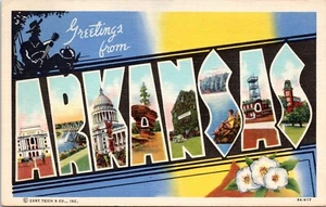 Carta grande saludos desde Arkansas - 1939 postal de lino - Curt Teich - Imagen 1 de 2