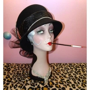 Vintage Black Wool Church Hat Rhinestones mesh bow feathers Kentucky Derby retro - Picture 1 of 13