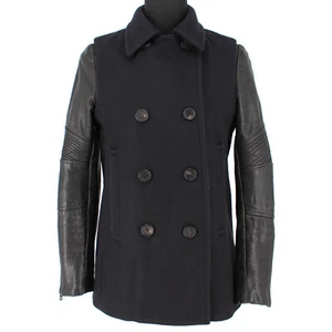 All Saints Zaskia Pea Coat Navy Wool Black Leather Sleeves Double Breasted 8 S - Picture 1 of 8