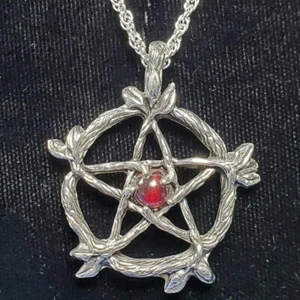 Wicca Pentacle Pewter Necklace Red Fellowship Foundry US Made Retired NEW - Picture 1 of 3