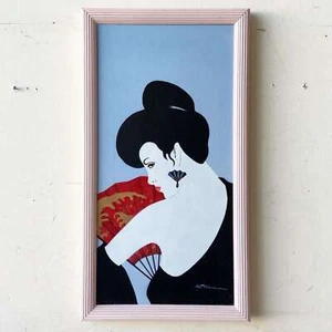 Dipinto ad olio postmoderno/chinoiserie incorniciato e firmato di signora con ventaglio - Foto 1 di 7