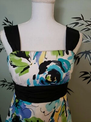 IZ Byer California Dress Blue Black Yellow Green Floral A Line Tulle Kick Sz 3  - Image 1 of 4