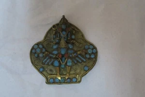 Antique Buddhist Tibetan Nepal Buddha Coral Turquoise Brooch Pin Pendant 2"x2" - Picture 1 of 4