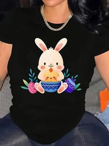 T-Shirt with Easter Bunny Geometric Print, Round Neck, Short Sleeves - Picture 1 of 11