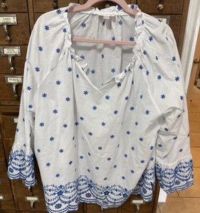 Belle by Kim Gravel Damen Top 2X leicht blau/weiß V-Ausschnitt Langarmbesatz - Bild 1 von 5