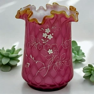 Viktorianische gesteppte 💖 Cranberry Glas gekräuselt orange Kragen appliziert Blumenvase - Bild 1 von 13