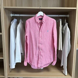 Polo Ralph Lauren Mens Linen Long-Sleeve Shirt Size XS Pink Striped Summer Logo. - Picture 1 of 6