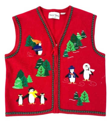 VTG. Ugly Christmas Sweater Vest L Boiled Wool Zip Up Winter Penguins Ski Artsy - Image 1 of 4