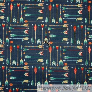 BonEful FABRIC FQ Cotton Quilt Flannel Navy Blue White Red American Indian Arrow - Picture 1 of 14