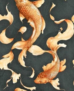 Wallpaper Designer Golden Orange Koi Fish on Black Faux 56 SQ FT Bolt - Picture 1 of 1