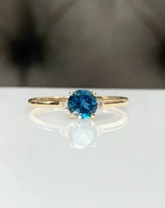 0.59 Ct London Blue Topaz & Natural Diamonds Ring 14k Solid Yellow Gold - Picture 1 of 6