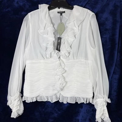Blusa Samuel Dong NUEVA CON ETIQUETAS Para Mujer Blanca Volantes Manga Botón Formal Talla Mediana Foto 1 de 4