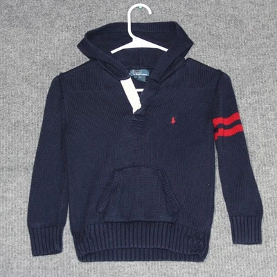 Suéter con Capucha Tejido Vintage Polo Ralph Lauren Niños Azul Rojo Rayas Talla 6 Foto 1 de 4