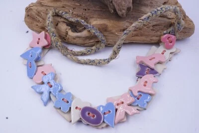 Vintage Cottagecore Rose & Blue Charms Ceramic Hand Painted Necklace Fabric Cord - Изображение 1 из 4