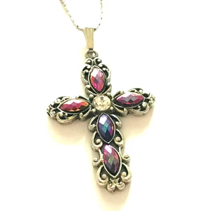 Collana croce cristallo AB rosa blu argento stile barocco vintage placcata 15-17" - Foto 1 di 9