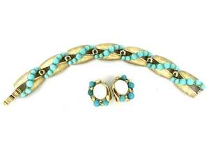 Set Bracciale e Orecchini Vintage Corona Trifari Turchese Cabochon - Tono Oro - Foto 1 di 13