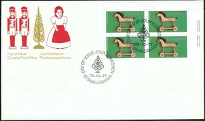 Canada sc#840 Christmas - Antique Toys: Wooden Horse, UR Imprint Block, FDC - Picture 1 of 2