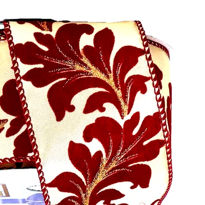 Christmas Maroon Florentine 2.5" x 2 yd Cream Satin Wired Ribbon Felt Metallic - Image 1 of 3