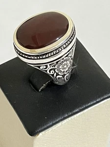 Royal Men 990 Silver Heavy Ring Natural Yemen Aqeeq Agate عقيق يمني صياغة عارف - Picture 1 of 20