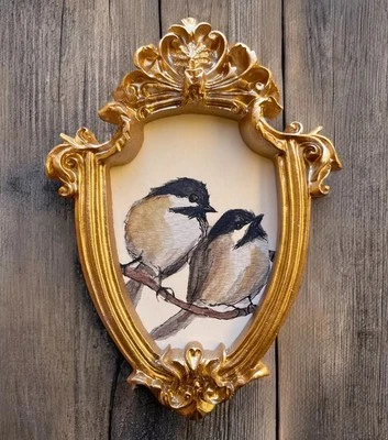 Black-Capped Chickadees mini gold ornate framed print of watercolor painting - Image 1 of 3