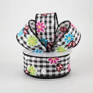 Daisies and Ladybugs on Black & White Gingham Ribbon 1.5" x 10 Yards - Picture 1 of 2