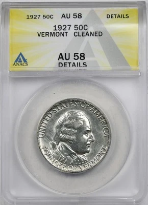 1927 Vermont 50C ANACS AU 58 Details Early Silver Commemorative Half Dollar  - Image 1 of 4