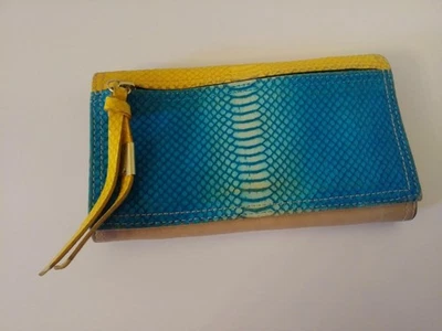 Cartera Foley + Corinna Serpiente y Piel Cuero Azul, Amarillo y Beige Identificación Completa Cremallera  Foto 1 de 4