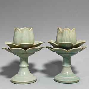 8" China Old Antique Porcelain Song Ru Kiln A Pair Lotus Flower Candle Holder - Picture 1 of 9