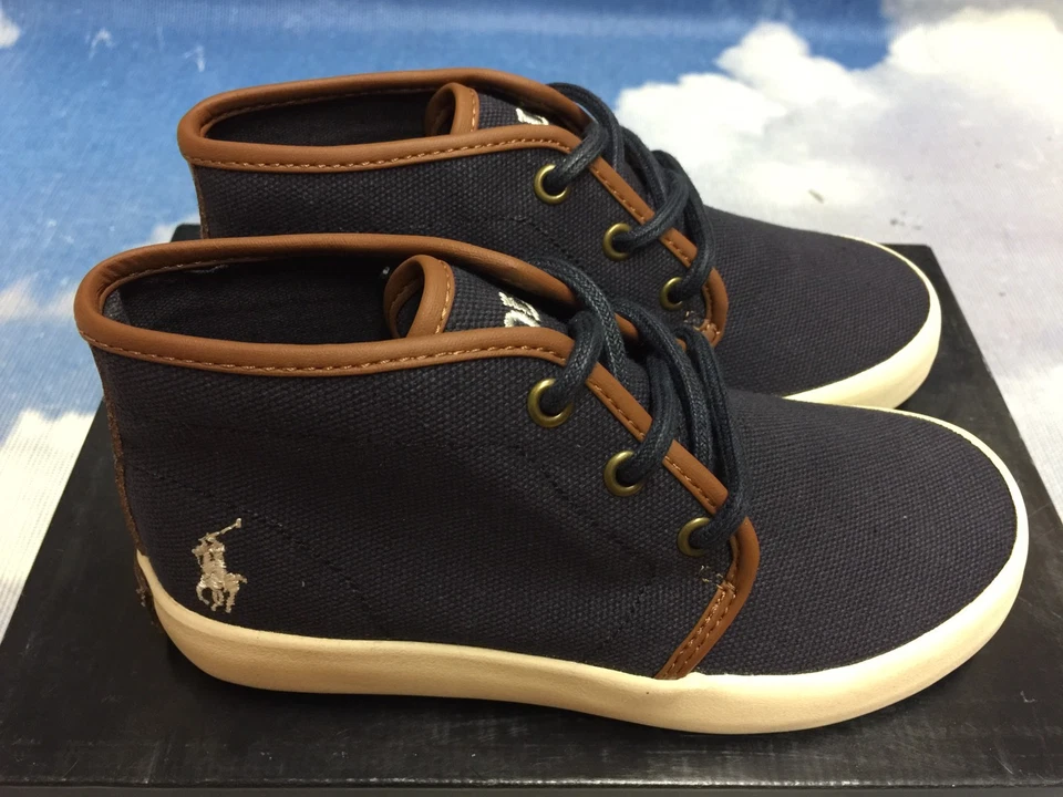 Zapatilla deportiva Polo Ralph Lauren Eithan Mid de encaje azul marino de lona para niños talla 10,5 a jóvenes 4,5 Foto 1 de 4