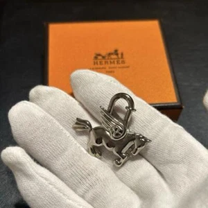 HERMES Pegasus Motif Cadena Lock Bag Charm 1993 Silver W/Box Used JPN - Picture 1 of 6