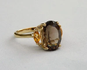 QVC 9 KT GELBGOLD RAUCHQUARZ CITRIN + DIAMANT STATEMENT RING 4,1 g - GRÖSSE V - Bild 1 von 15