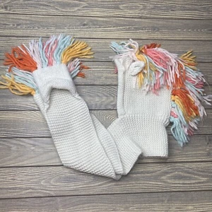 Childrens White Knit Unicorn Rainbow Fringe Hood Winter Hat Scarf Mittens 8-16 - Picture 1 of 9