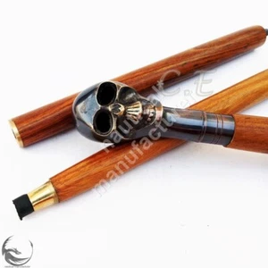 Vintage Antique terminator Head Brass Handle Cane Wooden Walking Stick designer - Picture 1 of 5