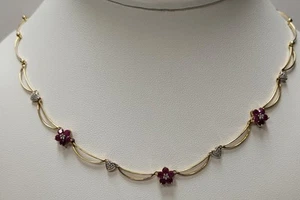 Vintage 14K Two Tone Gold Diamond & Ruby Flowers & Hearts Necklace - Picture 1 of 4
