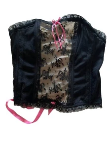 Cacique Sweetheart Lace Up Bustier Corset Black lace w/pink lace up sz 14/16 - Picture 1 of 3