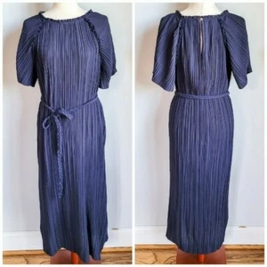 Ann Taylor Navy Plisse Pleat Belted Flutter Sleeve Midi Dress Size Medium New - Picture 1 of 10