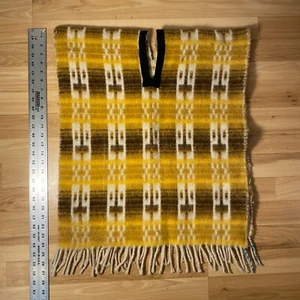 Vintage BLANKET WOVEN Poncho Wool Mexican Handmade 50” x 21” Yellow Reversible - Picture 1 of 4