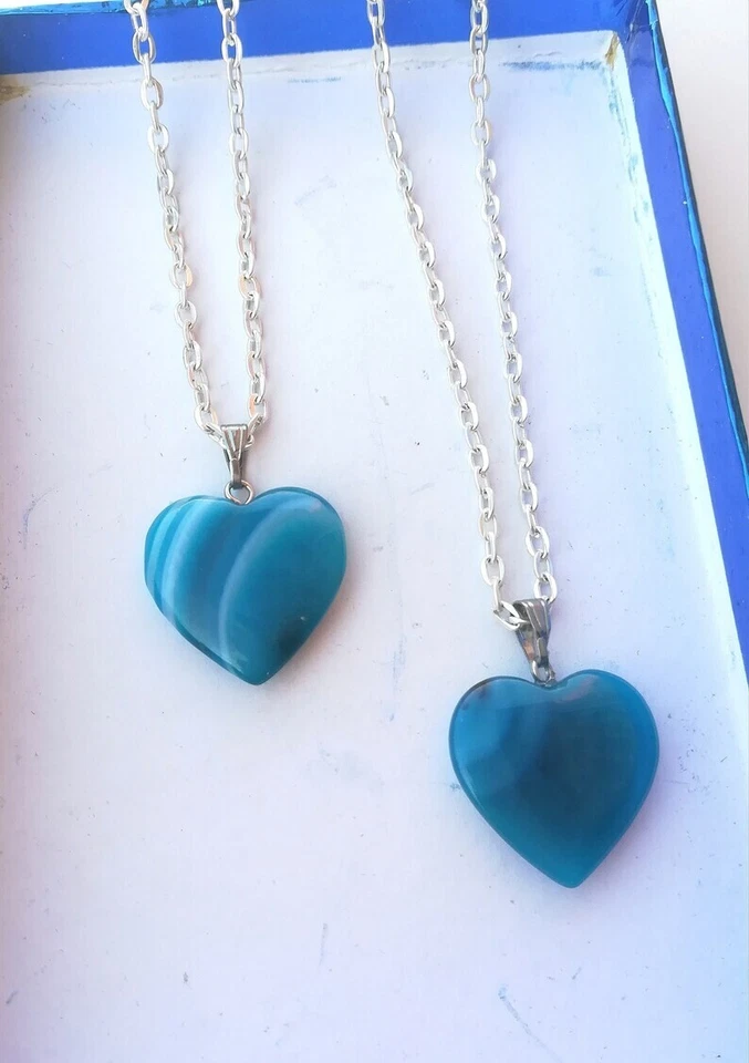 COLLANA DONNA CUORE DI AGATA BLU NATURALE E ARGENTO 925, CIONDOLO AGATA AZZURRA - Immagine 1 di 4